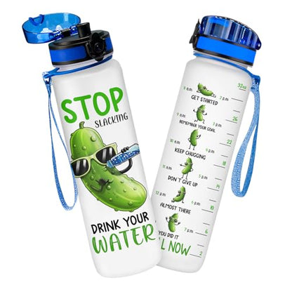 Funny Pickle Motivational Water Bottle 32 oz with Time Marker, Stop Slacking Drink Your Water Daily Hydration Tracker Jug for Women, Men, Adults, Gym, Office - color: Pickle