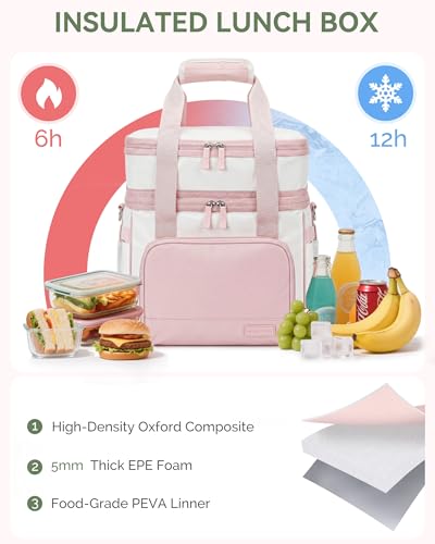 HOMESPON Double Layer Lunch Bag for Women Men, 14L Large Insulated Lunch Box with Shoulder Strap, Expandable Cooler Tote with Cup Holder for Work Office Picnic, Pink - color: Pink