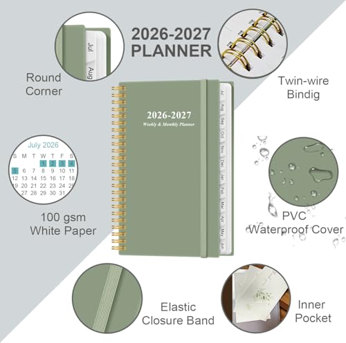 2026-2027 Pocket Planner/Calendar - 2026-2027 Planner from July 2026 - June 2027, Planner 26-27 with 12 Tabs, Twin-Wire Binding, Inner Pocket, 3.75" x 6.75, Green - color: Green, size: 3.75" x 6.75"
