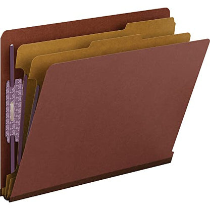 Smead 100% Recycled End Tab Pressboard Classification File Folder with SafeSHIELD Fasteners, 2 Dividers, 2" Expansion, Letter Size, Red, 10 per Box (26860) - color: Red, style: 2 Dividers