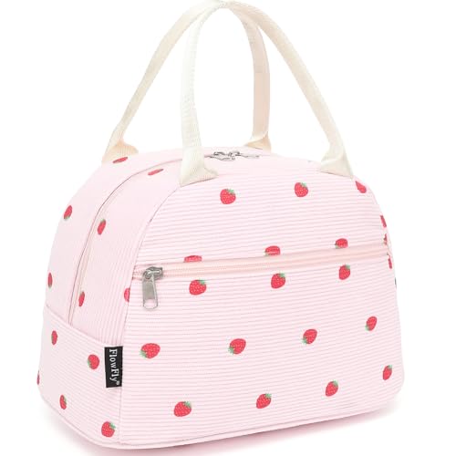 FlowFly Insulated Lunch Bag for Women – Corduroy Lunch Tote Box, Cute Cooler Bag for Work, Travel, Picnic,Corduroy Strawberries Pink - color: Corduroy Strawberries Pink