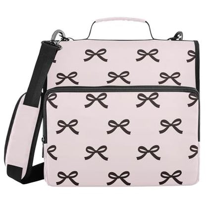 Beauty Black Bow Pink Zipper Binder with Shoulder Strap Trapper Keeper 3 Ring Binder Organizer Large Capacity Multiple Compartments for School Office
