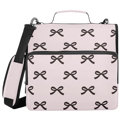 Beauty Black Bow Pink Zipper Binder with Shoulder Strap Trapper Keeper 3 Ring Binder Organizer Large Capacity Multiple Compartments for School Office