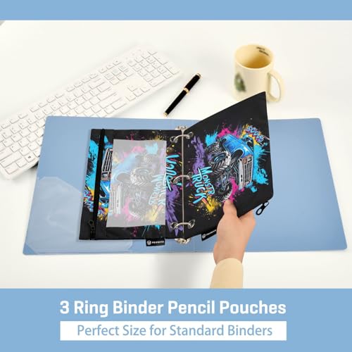 MCHIVER Monster Truck Off Road Pencil Pouch for 3 Ring Binder Pencil Pouches with Zippers Clear Window Binder Pockets Pencil Bags for Work Daily Office Adults 2 Packs - color: Monster Truck off Road