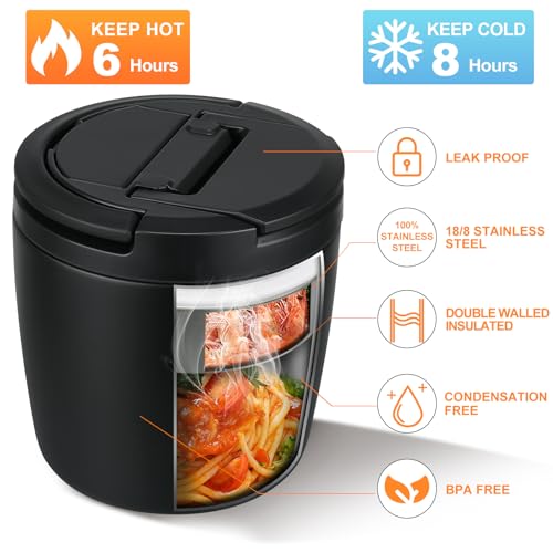 wiwens 40oz Insulated Lunch Containers for Adults Soup Thermo for Hot Food | Leak Proof Wide Mouth Vacuum Stainless Steel Thermal Jar Bento Box with Buckle Lid and Spoon - color: Black