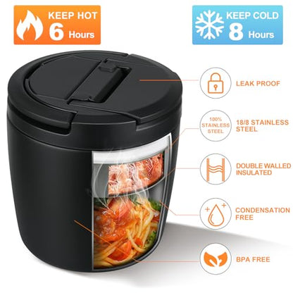 wiwens 40oz Insulated Lunch Containers for Adults Soup Thermo for Hot Food | Leak Proof Wide Mouth Vacuum Stainless Steel Thermal Jar Bento Box with Buckle Lid and Spoon - color: Black