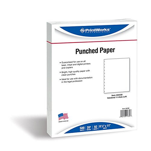 PrintWorks Professional Pre-Punched 11 Hole Velo Bind Paper for 11 Pin & 4 Pin Binding Spines - Book Binding Printer Paper - Made in the USA - 500 Sheets - 8.5" x 11" - 20 lb - 92 Bright White (04330) - size: 20 lb, style: Velobind, 11-Hole