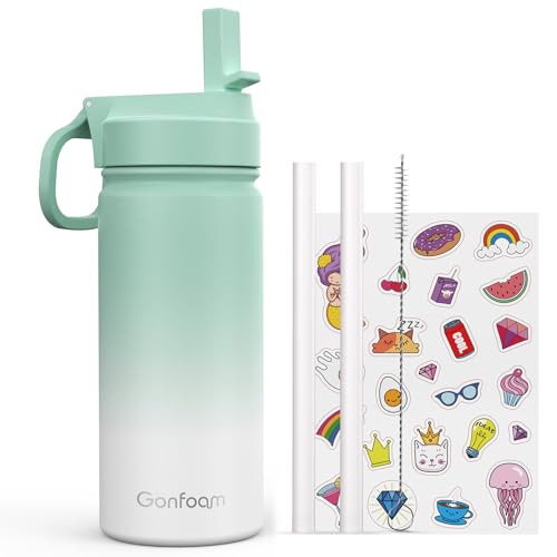 Gonfoam 16oz Kids Water Bottle, Stainless Steel Insulated Cup | DIY Stickers, BPA-free, Leak-proof, Sturdy, Keeps Cold 24h, Easy to Carry, Easy to Clean, Back to School, Gifts - color: Green/White