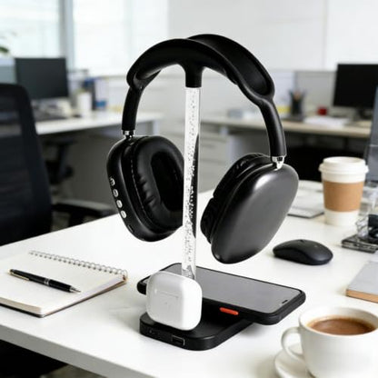 3 in 1 Wireless Charging Station with Headphone Stand, RGB Night Light, 15W Fast Wireless Charging, Desktop Wireless Charging Organizer, Multi Port Charging Stand for Desk