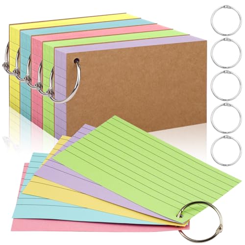 350 Pcs Index Cards With Ring, 3x5 Inches Flash Cards With Rings，Colored Heavy Notecards With Ring, Punched Lined Study Cards For School, College, Home, Office, Memory, To Do List (5 Colors)
