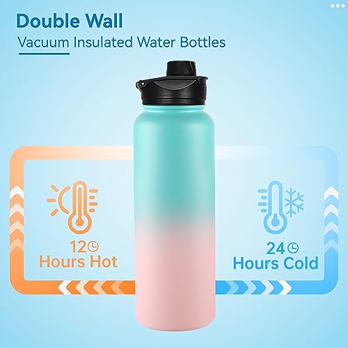 VEGOND 40 oz Insulated Water Bottle Stainless Steel Metal Water Bottles with Leak Proof Straw Lid & Spout Lid, Wide Mouth Double Walled Vacuum Travel Sports Bottle Cup, Green Pink - color: Bubble Gum, size: 40 Ounces