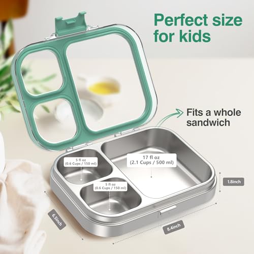 HOMEKOL Stainless Steel Bento Lunch Box, Green, 3.3Cups | 3-Compartment,Leak-Proof, for Kids & Adults, BPA-Free, Dishwasher Safe, Clear Tritan Lid, 800ml (Not Insulated) - color: Green, size: 27oz (800ml)
