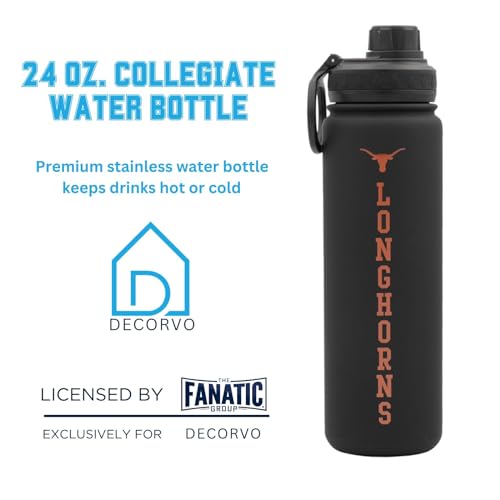 Texas Water Bottle - Black Double Walled Stainless Steel 24 oz Keeps Drinks Cold or Hot - color: Texas Longhorns - Black