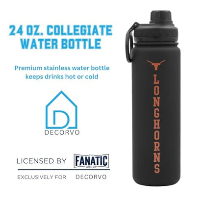 Texas Water Bottle - Black Double Walled Stainless Steel 24 oz Keeps Drinks Cold or Hot - color: Texas Longhorns - Black