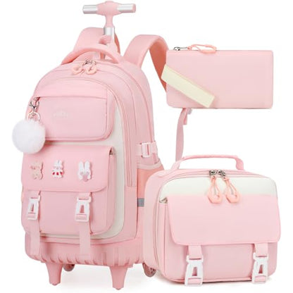 DIGOBAY Rolling Backpack for Girls, Roller School Bag with Wheels, Wheeled Backpacks with Lunch Bag Pencil case for Elementary School Bookbags with Cute Pins Pink - color: Pink