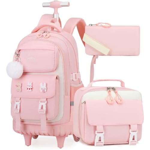 DIGOBAY Rolling Backpack for Girls, Roller School Bag with Wheels, Wheeled Backpacks with Lunch Bag Pencil case for Elementary School Bookbags with Cute Pins Pink - color: Pink