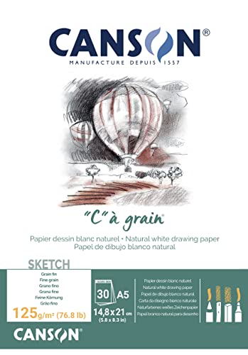 Canson "C à Grain A5 125g White Drawing & Sketching Paper Pad, 30 Sheets, Fine Grain Texture, Glued on Short Side, Ideal for Professional Artists - size: A5, style: 125gsm