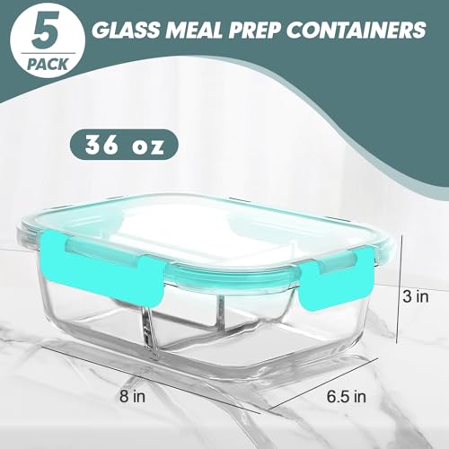 KOMUEE Glass Meal Prep Containers 3 Compartments, 5 Pack 36 oz, Glass Food Storage Containers with Lids, Airtight Lunch Bento Box, Portion Control, Freezer and Microwave Safe, Green - color: Green