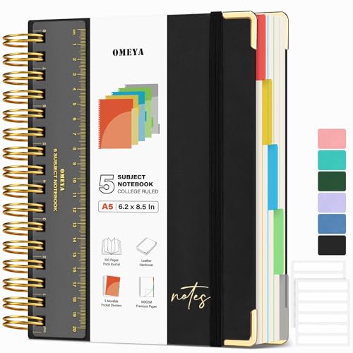 Leather 5 Subject Spiral Notebook: Hardcover College Ruled Notebook with Pocket Dividers & Ruler, 300 Pages 100GSM Thick Writing Spiral Journal for Women Men, Lined A5 Notebooks for Work School, 6"x8" - color: Black, size: A5