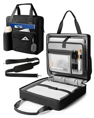 Upgraded 3 Rings Zipper Binder Organizer 3 Inch Zippered Binders with Strap Large Zip Up Portfolio Folder Bag with 9 Pockets 13“ 14” Laptop Compartment for Office Travel, Black - color: Black, size: 3 Way to Carry