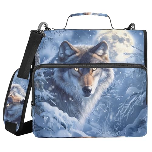 ALAZA Zipper Binder 3 Ring Wolf Moon Snow Binder Organizer with Zipper and Shoulder Strap Large Capacity Multi-Pocket Trapper Keeper File Folder for Office Supplies - color: Multicolored 10