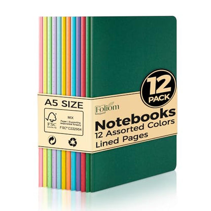 12 Pack A5 Lined Notebooks – Ruled Journal Bulk Set, 12 Colors, 7mm Ruled, 230g Thick Kraft Cover, 60 Pages, 8.3x5.5 Softcover – Stitch Bound, Lays Flat, Cream Paper, No Bleed - color: Muticolour 12 Pack