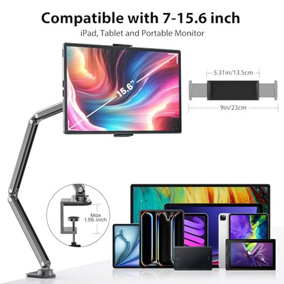 KU XIU Tablet Stand for Desk, Aluminum Alloy Foldable Tablet Arm Mount Holder Compatible with iPad 10/9th, iPad 13/12.9/11" M3 M4 M5 Pro Air, For Samsung Galaxy Tab & More 7-15.6" Tab Portable Monitor