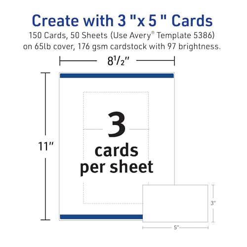 Avery Printable Index Cards, Sure Feed Technology, 3" x 5", Matte White, Laser & Inkjet Compatible, 150 Blank Cards Total, Great for Product Branding, Marketing, and More (5388) - size: True