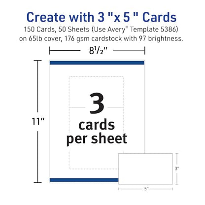 Avery Printable Index Cards, Sure Feed Technology, 3" x 5", Matte White, Laser & Inkjet Compatible, 150 Blank Cards Total, Great for Product Branding, Marketing, and More (5388) - size: True