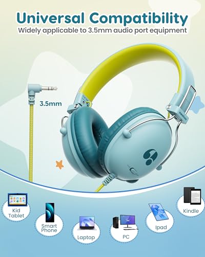 awatrue Kids Headphones, 74/85dB Safe Volume Limit, Stereo Sound, Wired On-Ear Headphones for Kids Boys Girls, 3.5mm Jack for Tablet, iPad, Kindle, YOTO Player, Airplane Travel, Green - color: Green-Yellow