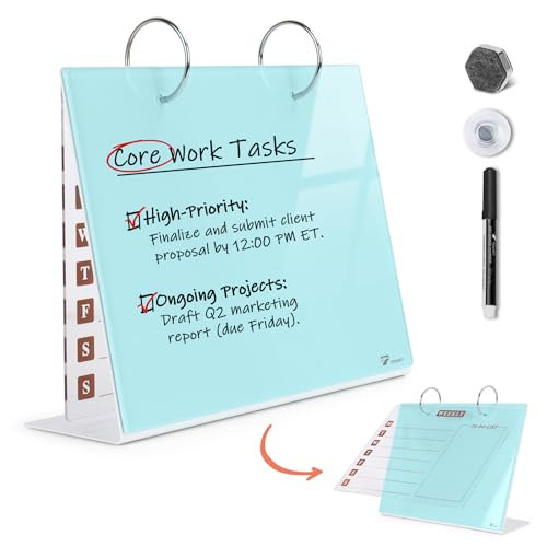 Desktop Glass Dry Erase & Acrylic Aesthetic Calendar Weekly to-do List Combo, Small Magnetic Standing Whiteboard, Desk Flip Easel Calendar with Accessories for Home Office Supply, Aqua Blue, 9 x 7'' - color: Teal Blue With Flip Sheet