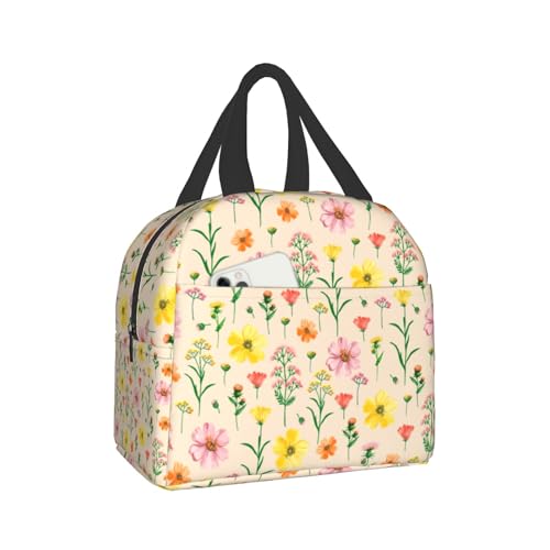 Nerxy Flower Insulated Bag Spring Floral Lunch Box Yellow Pink Flowers Reusable Bag Botanical Cooler Tote Bags for Kids Teens Adults Girls Boys Picnic Travel Work School - color: Yellow Pink Floral