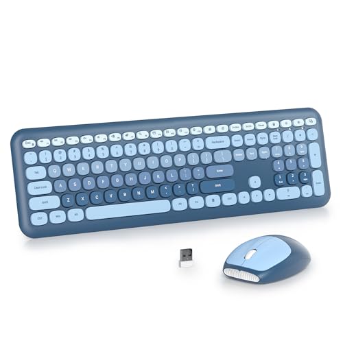 Wireless Typewriter Keyboard and Mouse Combo Retro 104 Key Full Size Office Set sea Blue Keyboard with Silent Round Keycaps, Ideal for Laptop and Desktop PCs, Cute Design - color: Gradient sea blue