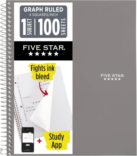 Five Star Spiral Notebook + Study App, 1 Subject, Graph Ruled Paper, 8-1/2" x 11", 100 Sheets, Fights Ink Bleed, Water Resistant Cover, Gray (620000AA3) (Pack of 12) - color: Gray, size: Pack of 12