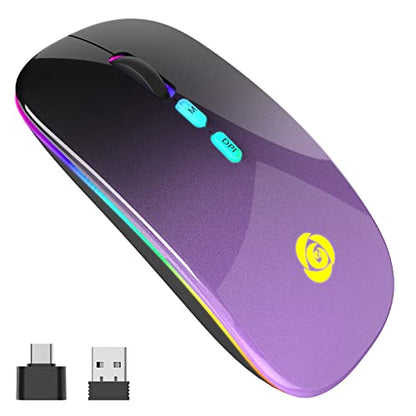 LED Wireless Mouse, Bluetooth Mouse &2.4GHz Instant Connection,Rechargeable Ultra Silent Slim,3 DPI 2 Connection Modes with USB-C to USB Adapter for Laptop/MacBook/PC/Tablet/iPad (Black-purple) | Bluetooth mouse with 2.4GHz USB receiver, silent slim desig