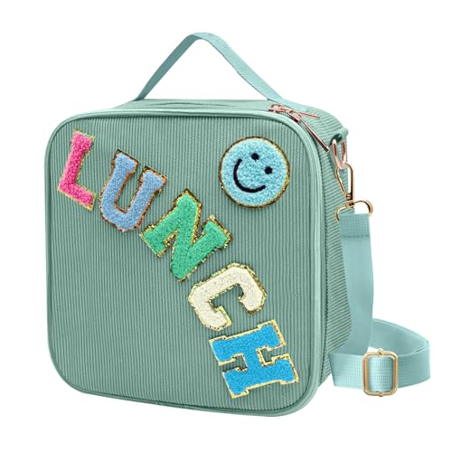 Insulated Lunch Bag With Adjustable Shoulder Strap, Cute Corduroy Preppy Lunch Box Large Insulated Lunch Bag Reusable Lunch Tote Bag with Smiley Preppy LunchBag for Girls School Travel (Green) - color: Green-1