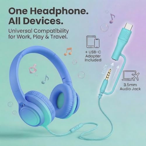 Kids Headphones Wired with Microphone, 85/94dB Volume Limit, 3.5mm Jack & USB-C Adapter, Foldable Over Ear Headset for School, Tablet, iPad, Laptop, Travel(Sky Blue) - color: Gradient Sky Blue & Teal