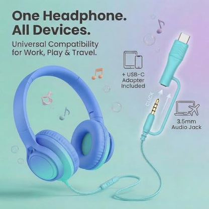 Kids Headphones Wired with Microphone, 85/94dB Volume Limit, 3.5mm Jack & USB-C Adapter, Foldable Over Ear Headset for School, Tablet, iPad, Laptop, Travel(Sky Blue) - color: Gradient Sky Blue & Teal