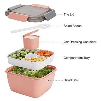 Freshmage Lunch Container To Go, 2 Packs 52-oz Salad Bowls With 3 Compartments, Dressings Container for Toppings, Snacks, Men, Women (Pink+Pink) - color: Pink+Pink