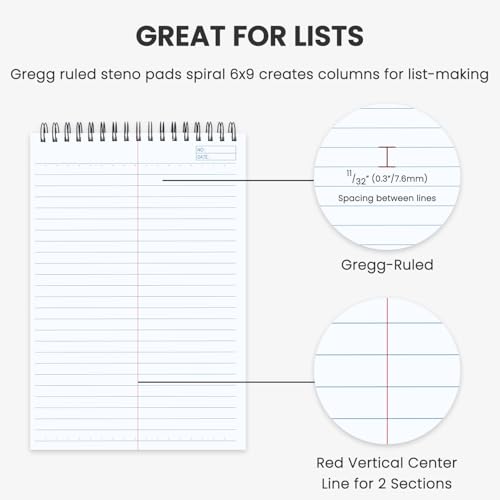Steno Pads Spiral 6x9 12 Pack | Steno Notebooks Top Spiral Notepad | Steno Notepad 50 Sheets Each | Gregg Ruled Spirals Notebook 6x9 | Notebooks for Work. - color: B-Black (12 Pack)