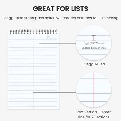 Steno Pads Spiral 6x9 12 Pack | Steno Notebooks Top Spiral Notepad | Steno Notepad 50 Sheets Each | Gregg Ruled Spirals Notebook 6x9 | Notebooks for Work. - color: B-Black (12 Pack)