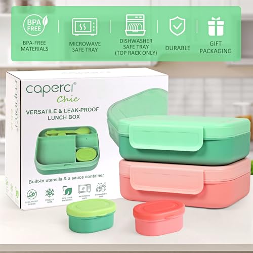 Caperci Bento Lunch Box for Kids - 5.8 Cups Stackable Leakproof Bento Box Adult Lunch Box with Sauce Container - Idea for School, On-the-go, Built-in Utensil Set, BPA Free (Green) - color: Green