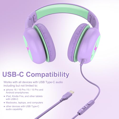 Voopwink 마이크가 있는 아동용 헤드폰, USB 타입 C 헤드폰, 어린이 여아 남아용 코드/LED 조명/85/94dB 볼륨 제한, 학교/여행/태블릿/아이패드용 휴대용 오버 이어 헤드폰 - color: 퍼플.