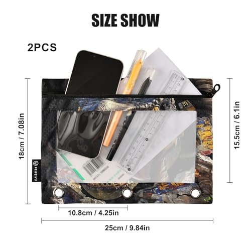 2 Pack Pencil Pouch for 3 Ring Binder Dinosaur Pencil Case Pouch with Clear Window Zipper Binder Pencil Pouches Pen Bag for Office School Supplies - color: Dinosaur