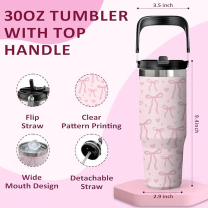 Pink Bow Tumbler 30oz with Handle – Stainless Steel Insulated Cup, Leakproof Water Bottle with Cute Bow Design for Women & Girls, Perfect Birthday Christmas Gift - color: Pink Bow, size: 30 Ounces
