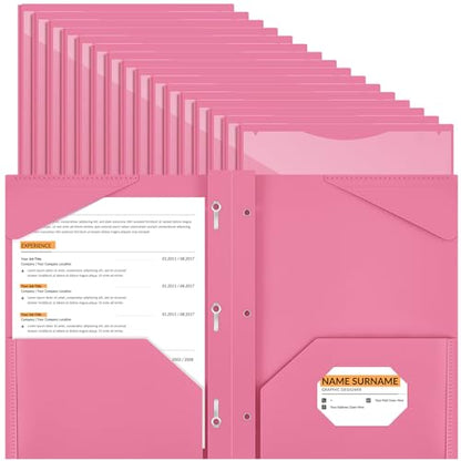 Henoyso 48 Pcs Plastic Folder with Clear Front Pocket and 3 Prongs Heavy Duty Plastic Folders with Card Slot Pocket Folders with Prongs for School Office Home(Pink) - color: Pink