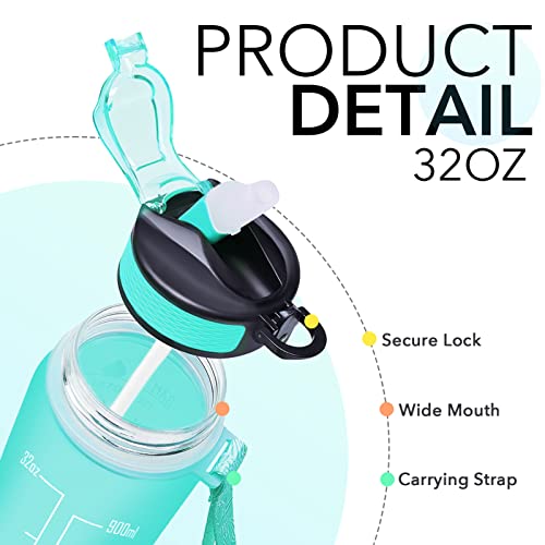 Hyeta Water Bottle with Straw & Time Marker, Plastic 32oz Leakproof | Motivational Tritan BPA Free Gym Office Outdoor Intake Tracker Hourly Reminder Straw Lid Carry Strap - color: Mint Matte