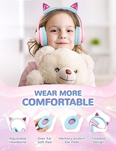 iClever BTH13 여아용 아동용 블루투스 헤드폰, LED 고양이 귀 여행 선물 | SafeSound Tech, 50시간 재생, USB C 충전, AUX 케이블, 스테레오 사운드, 태블릿용 마이크가 있는 아동용 헤드폰 무선, 핑크 - color: 핑크