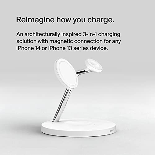 Belkin MagSafe Charger, 3-in-1 Wireless Charging Stand, 2ND GEN, 33% Faster for Apple Watch, iPhone 16, iPhone 15, iPhone 14 Series, AirPods - MagSafe Charging Station for Multiple Devices - White | WIZ017TTWH), Magsafe Iphone Fast Charging Up to 15W, Wir
