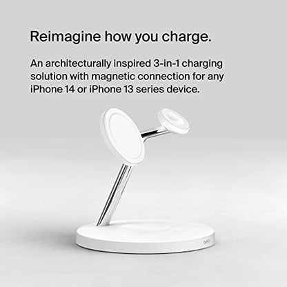 Belkin MagSafe Charger, 3-in-1 Wireless Charging Stand, 2ND GEN, 33% Faster for Apple Watch, iPhone 16, iPhone 15, iPhone 14 Series, AirPods - MagSafe Charging Station for Multiple Devices - White | WIZ017TTWH), Magsafe Iphone Fast Charging Up to 15W, Wir